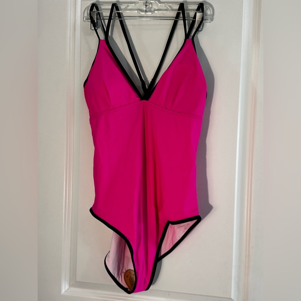 Vibrant Pink One Piece Swimsuit with Black Trim